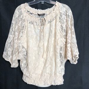 Denver Hayes Ladies Small Semi-Sheer Short Sleeved Cream Lace Blouse
